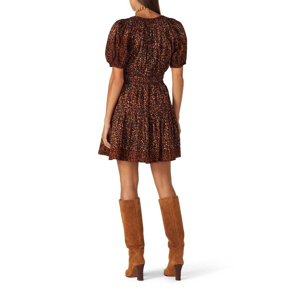 Ulla Johnson Leopard Print Mini Dress Brown V-Neck Puff Sleeve Smocked Waist 2 - Picture 6 of 15